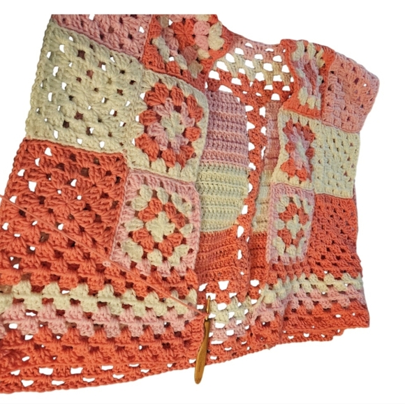 Handmade Crochet Open Cardigan Granny Square Pink Grannycore Valentine's Boho - Picture 16 of 17